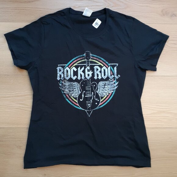 Rock & Roll - Guitar Wings Logo - New Women's Large Black T-Shirt - Picture 1 of 4